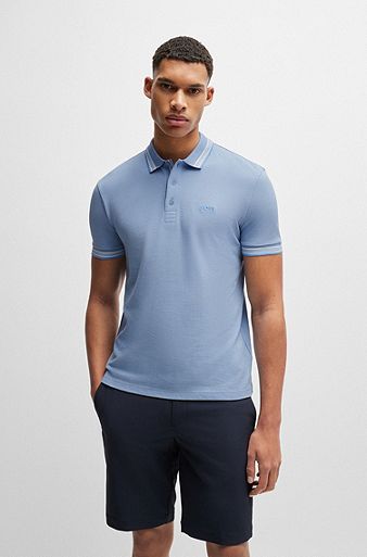 Cotton-piqué polo shirt with contrast logo, Light Blue