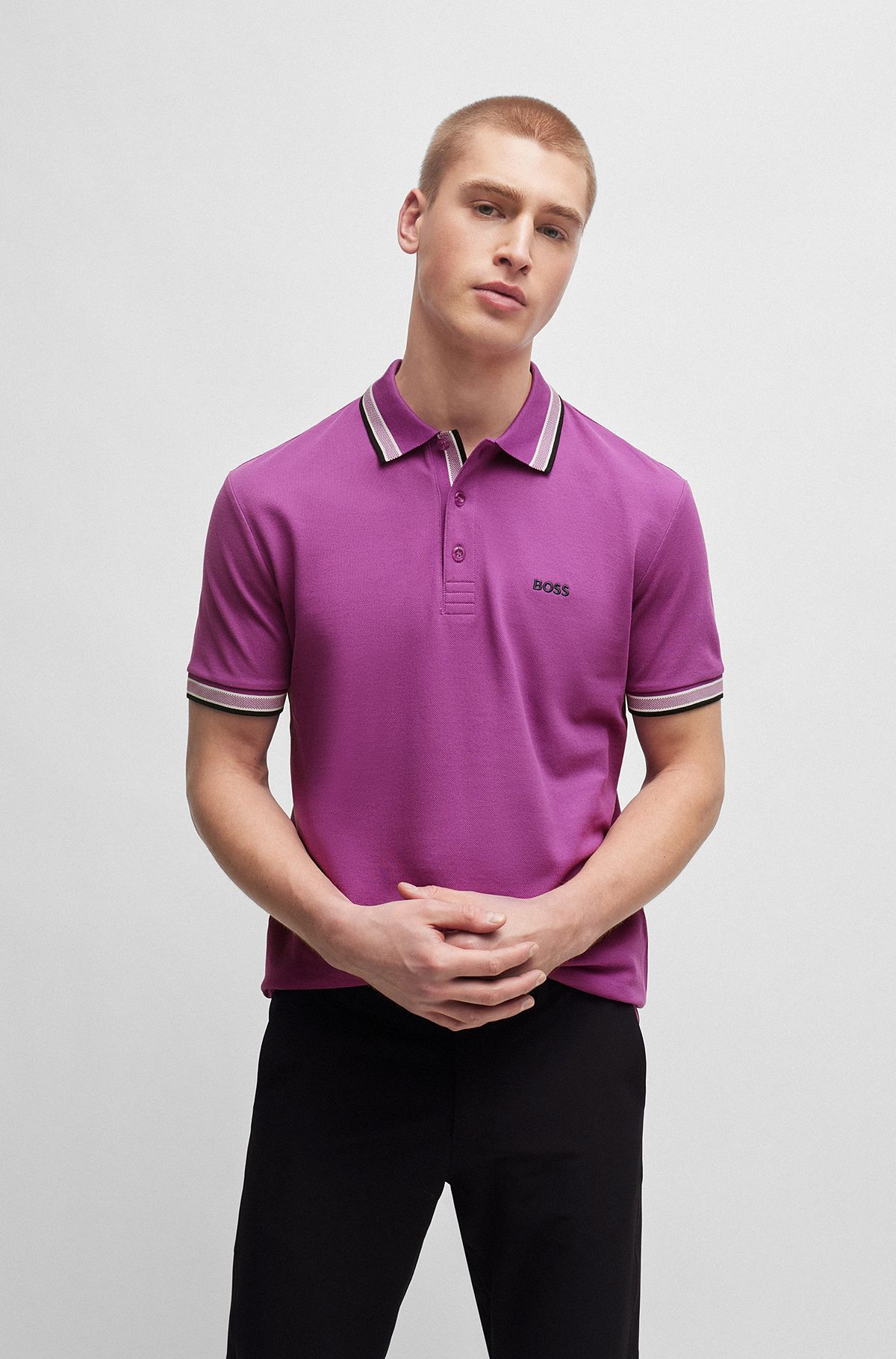 Cotton polo shirt with contrast logo details, Purple