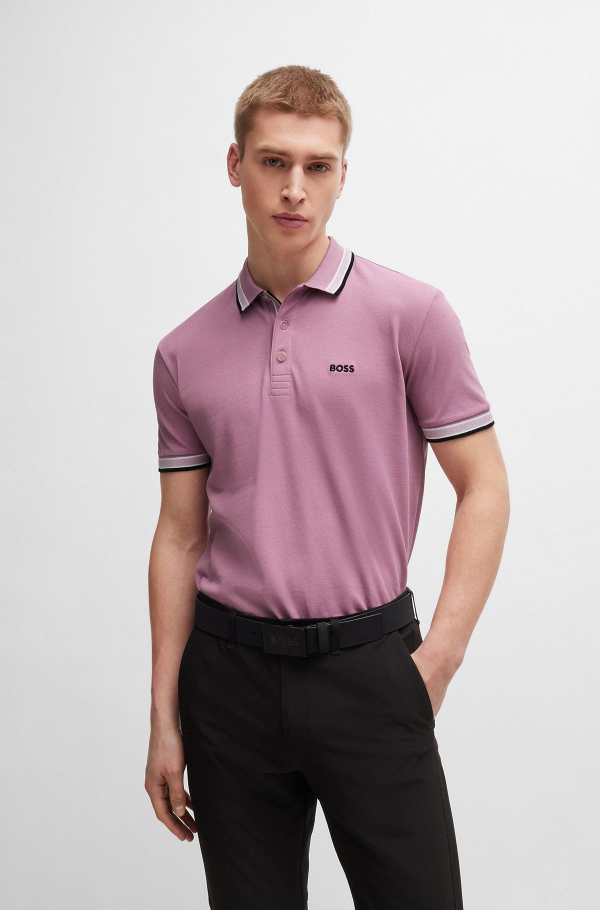 Cotton-piqué polo shirt with contrast logo, Light Purple