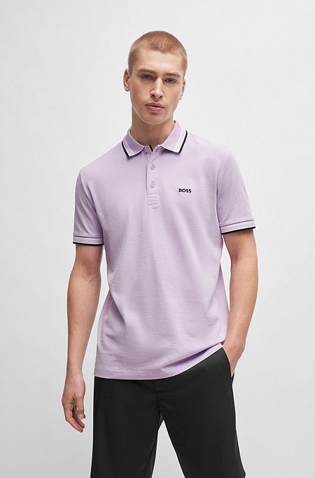 Cotton polo shirt with contrast logo details, Light Purple