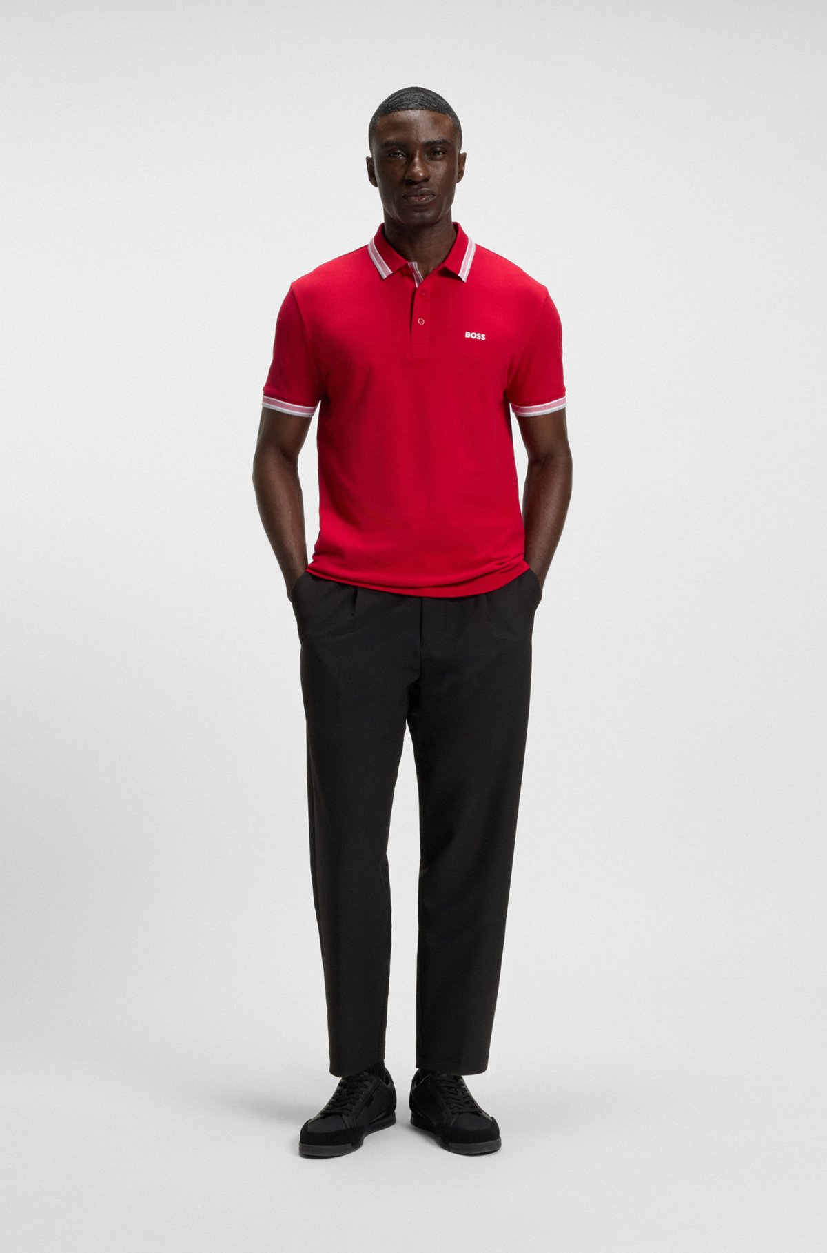 BOSS - Paddy コットンピケ ポロシャツ コントラストロゴ - レッド BOSS - Paddy コットンピケ ポロシャツ コントラストロゴ - レッド