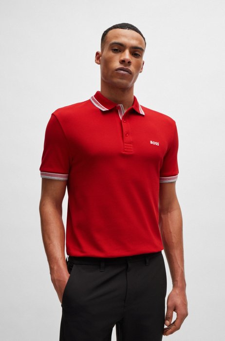 Organic-cotton polo shirt with contrast logo details, Red