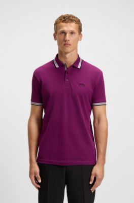 Contrast-tipped polo shirt in cotton piqu&eacute;, Dark Pink