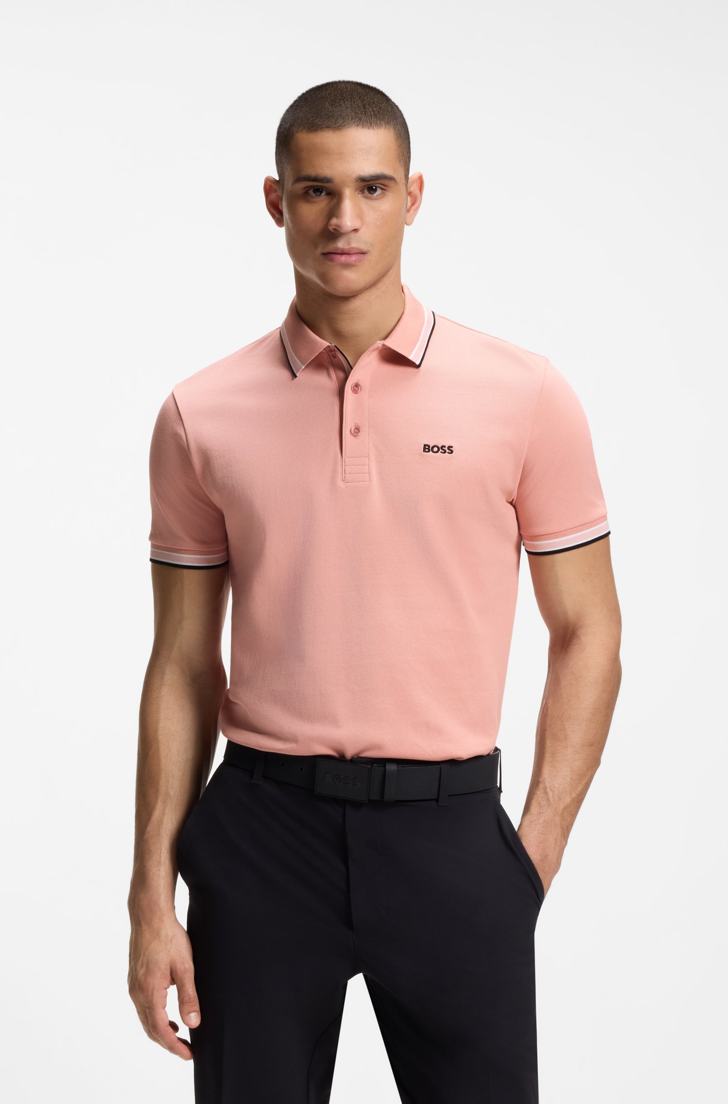 Boss Cotton piqué polo shirt with logo details pikéer herr