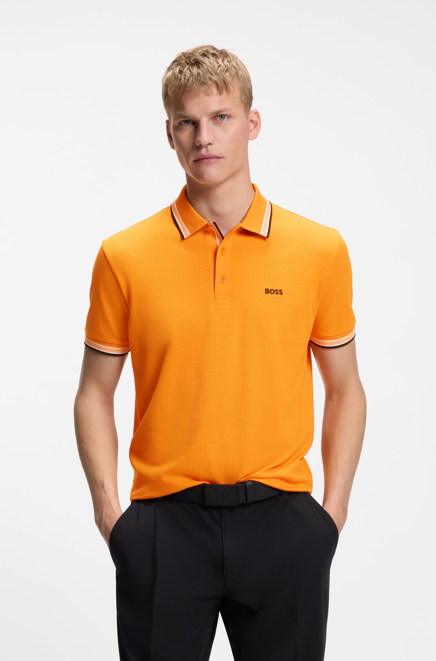 Boss Cotton piqué polo shirt with logo details pikéer herr