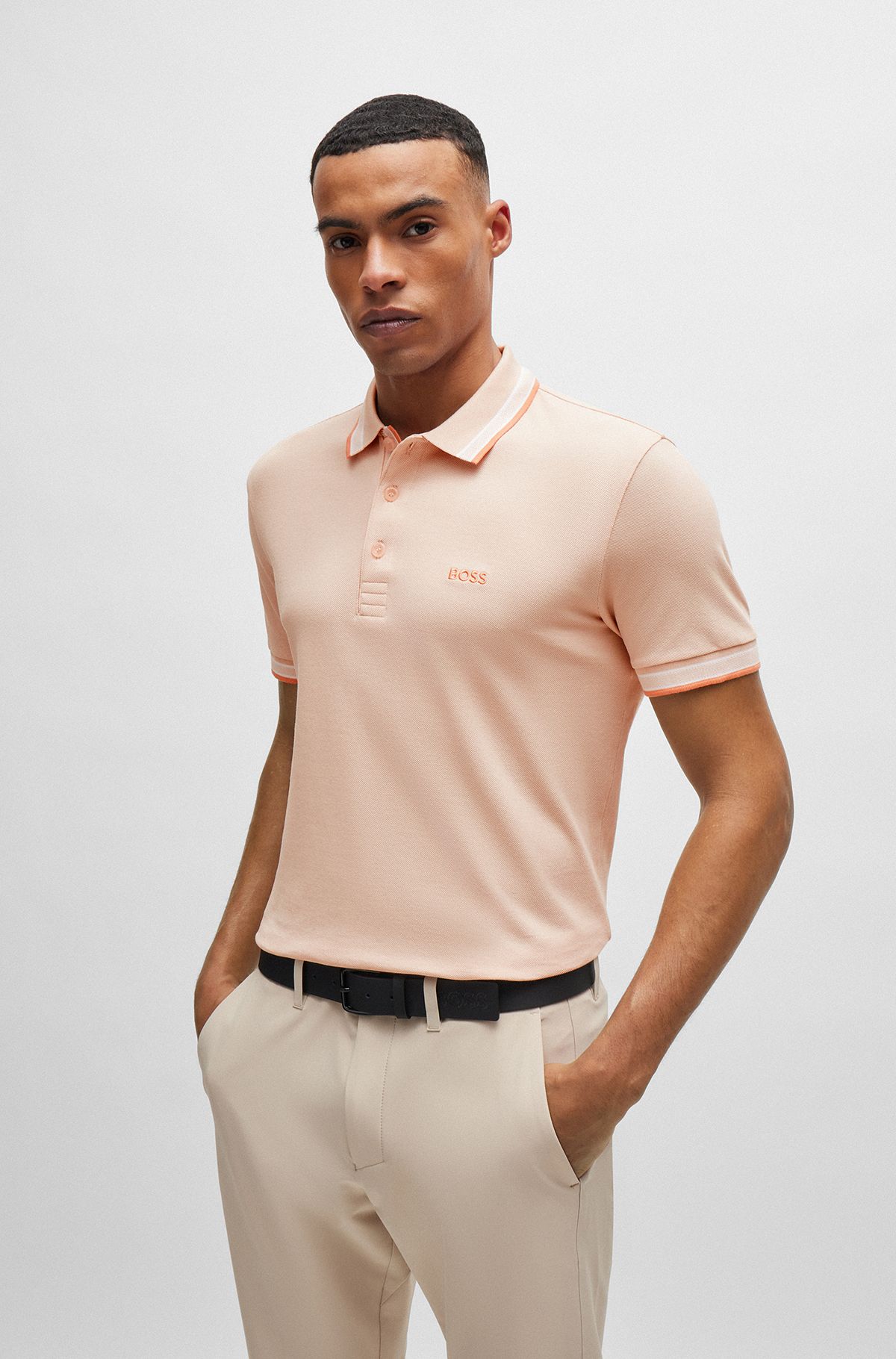 Cotton-piqué polo shirt with contrast logo, Light Orange