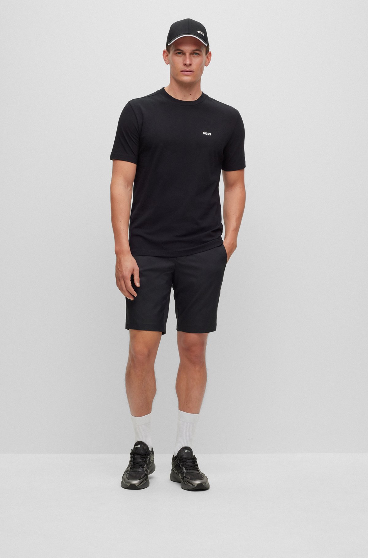 Stretch-cotton T-shirt with contrast logo, Black