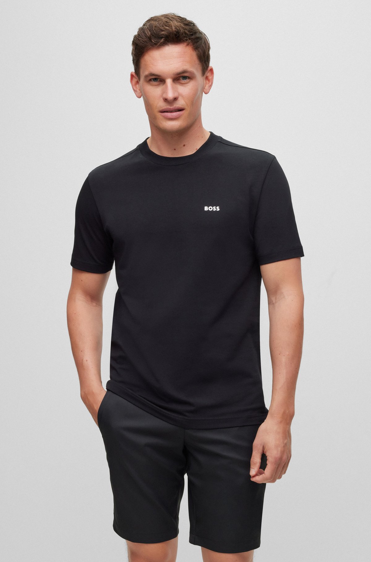 T-shirt en coton stretch à logo contrastant, Noir