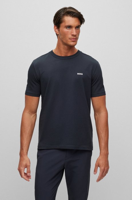 Stretch-cotton T-shirt with contrast logo, Dark Blue