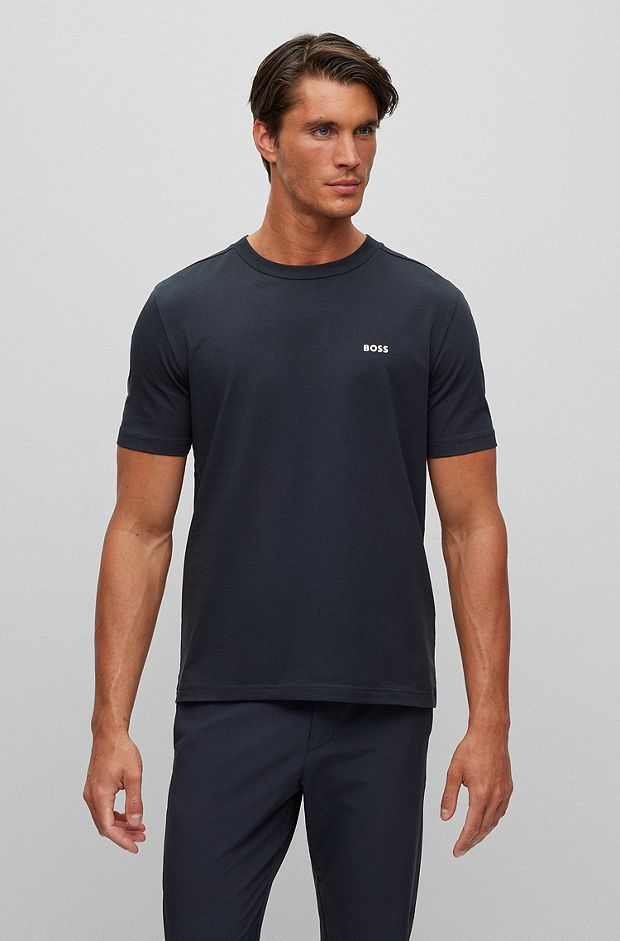 Stretch-cotton T-shirt with contrast logo, Dark Blue