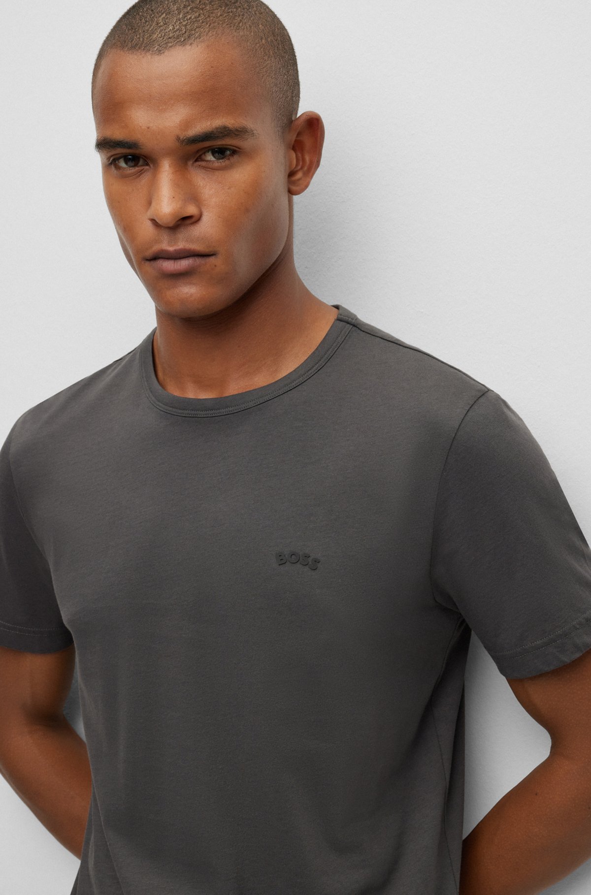 Organic-cotton T-shirt with curved logo, Dark Grey