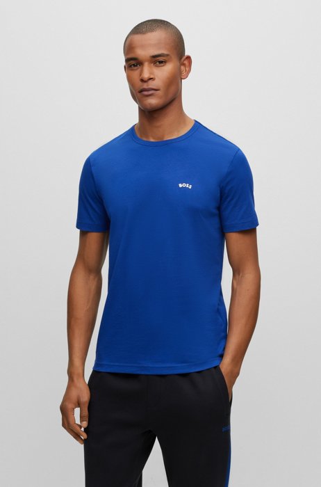 Organic-cotton T-shirt with curved logo, Blue