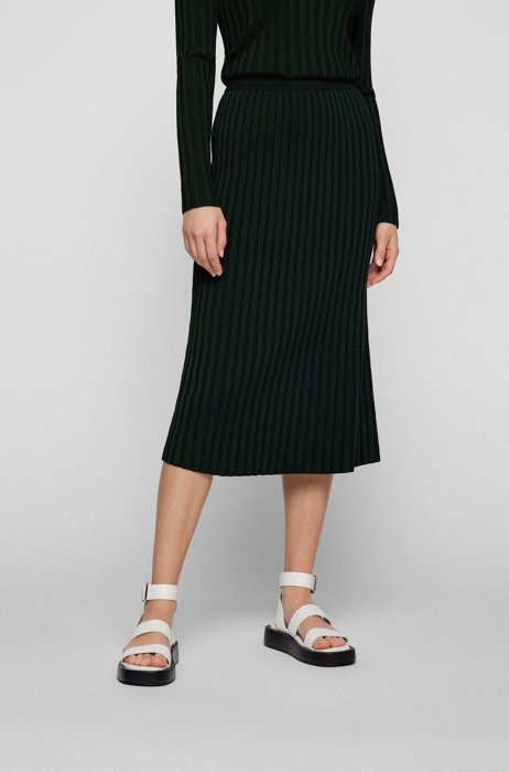 Regular-fit skirt with knitted rib structure, Dark Green