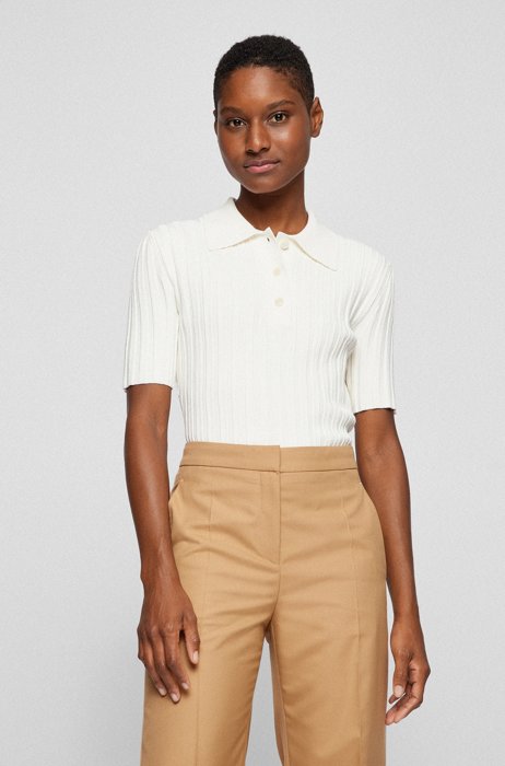 Polo-collar regular-fit top with ribbed knit, White