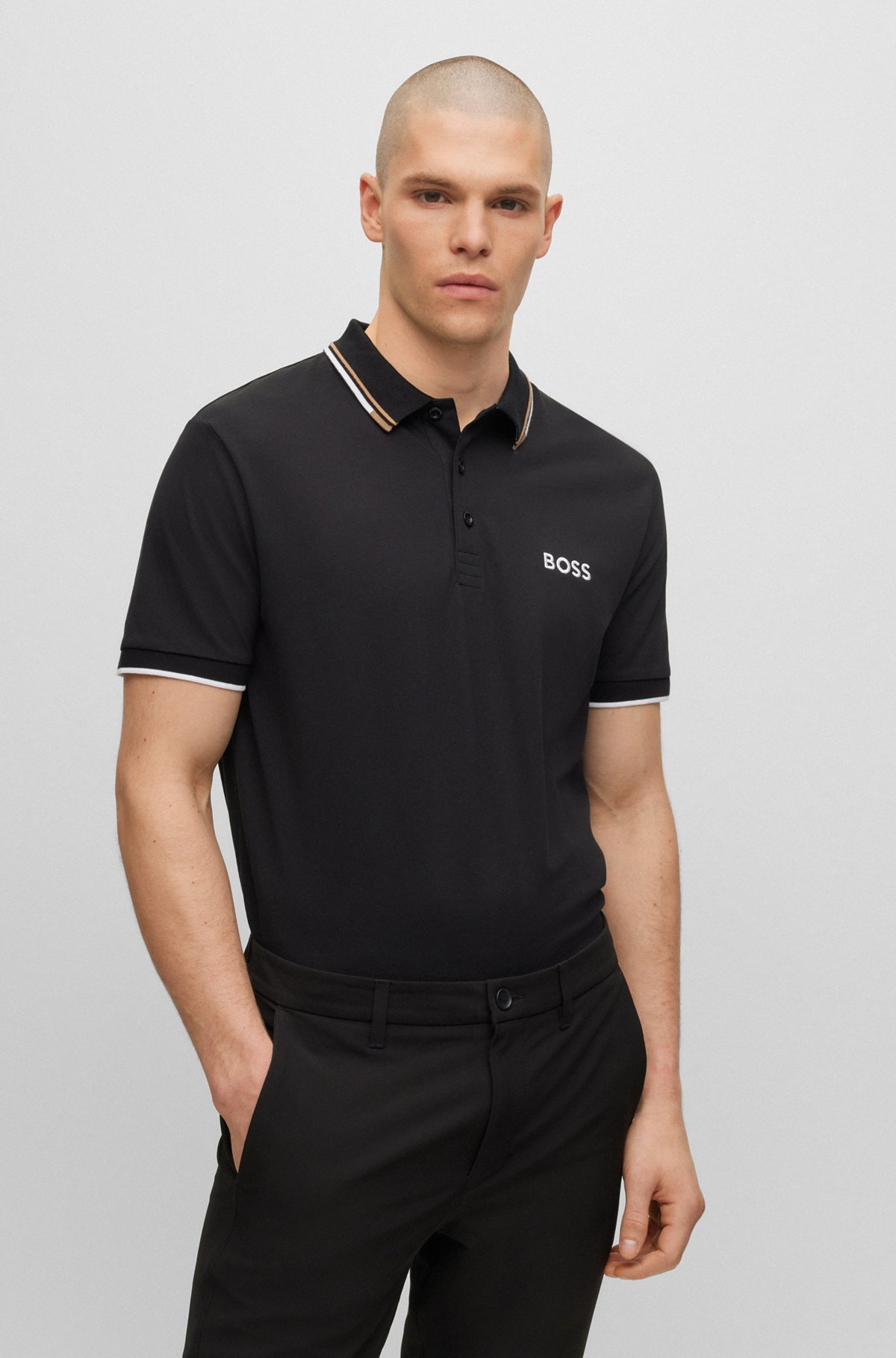Cotton-blend polo shirt with contrast details, Black