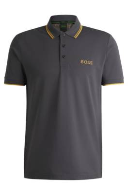 Hugo Boss Cotton-blend Polo Shirt With Contrast Details In Gray