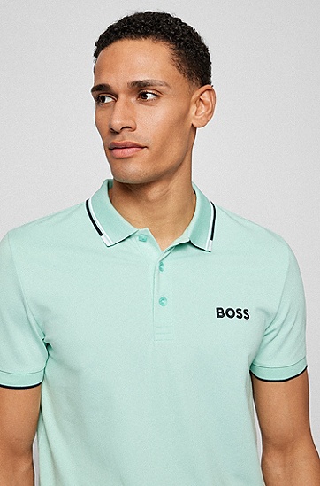 BOSS 博斯饰以撞色细节的棉质混纺 Polo 衫,  332_Light/Pastel Green