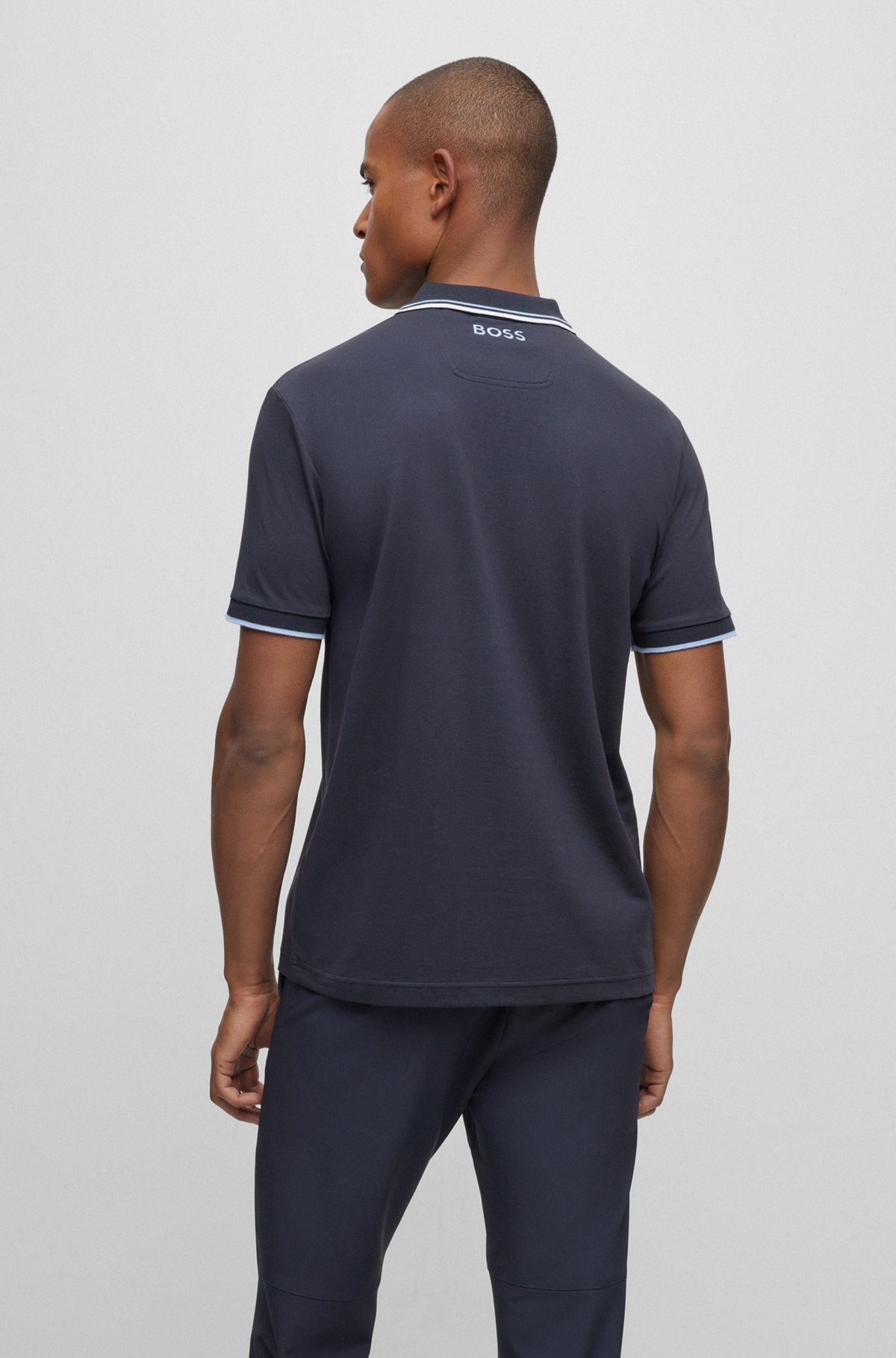 Cotton-blend polo shirt with contrast details, Dark Blue
