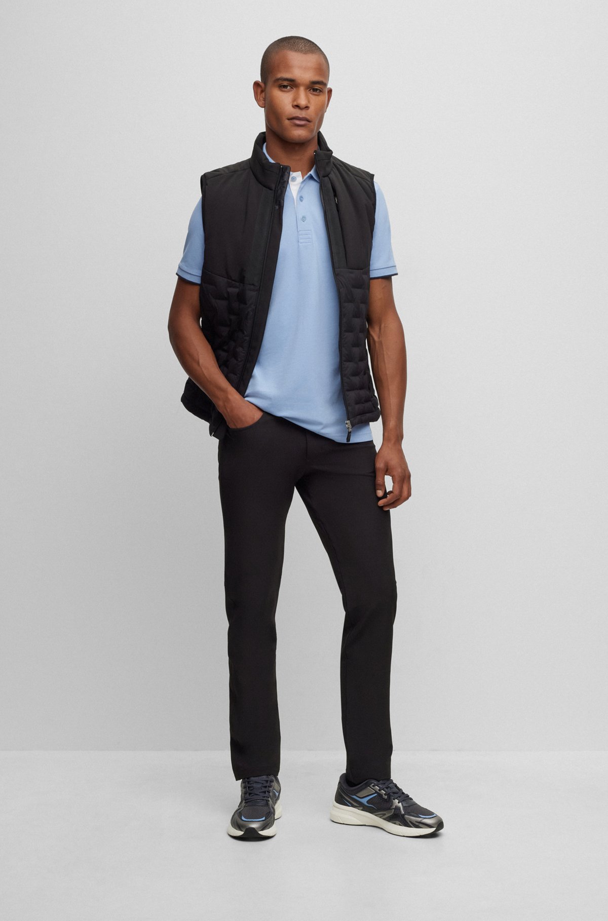 Cotton-blend polo shirt with contrast details, Light Blue