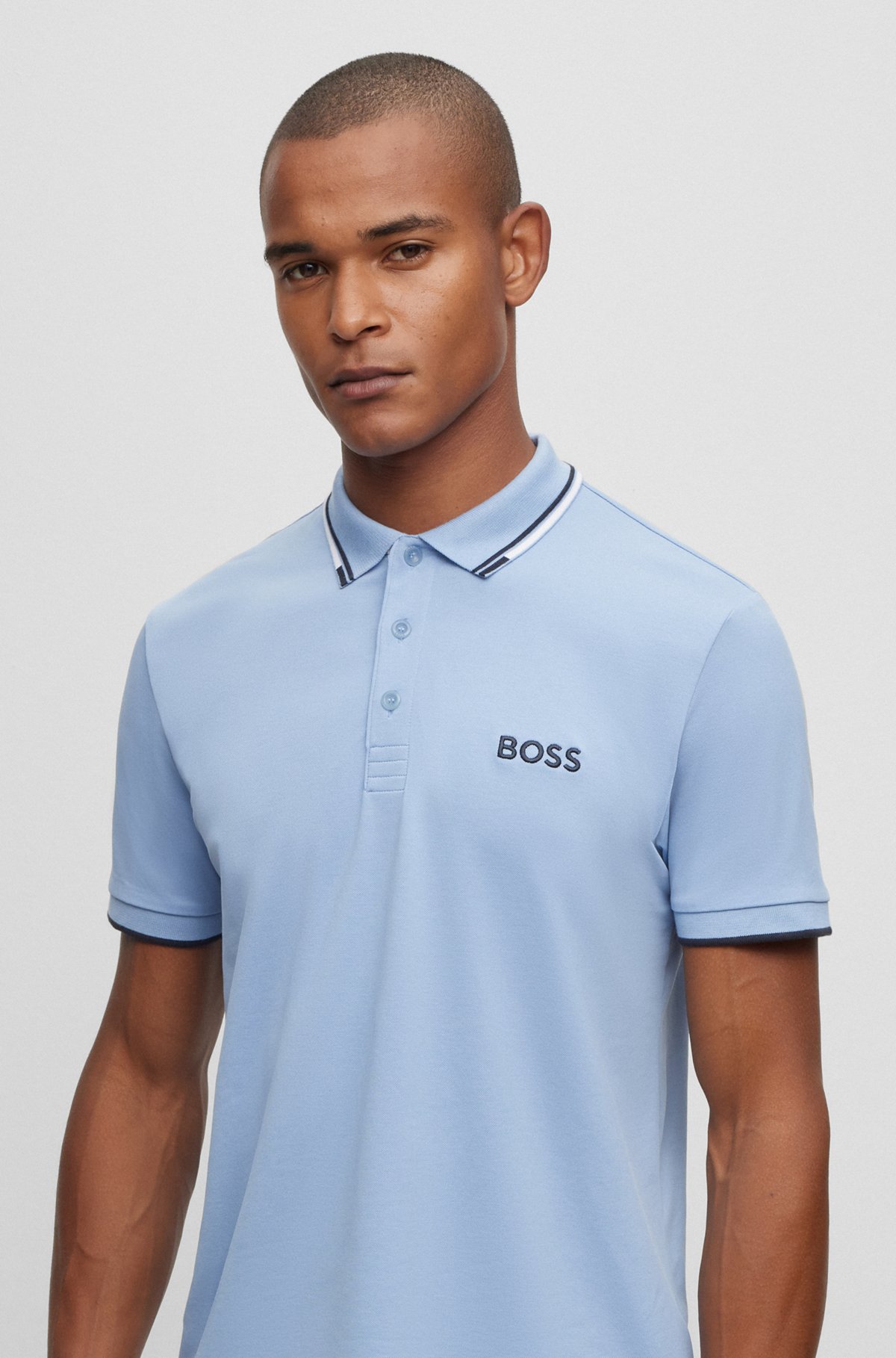 Cotton-blend polo shirt with contrast details, Light Blue