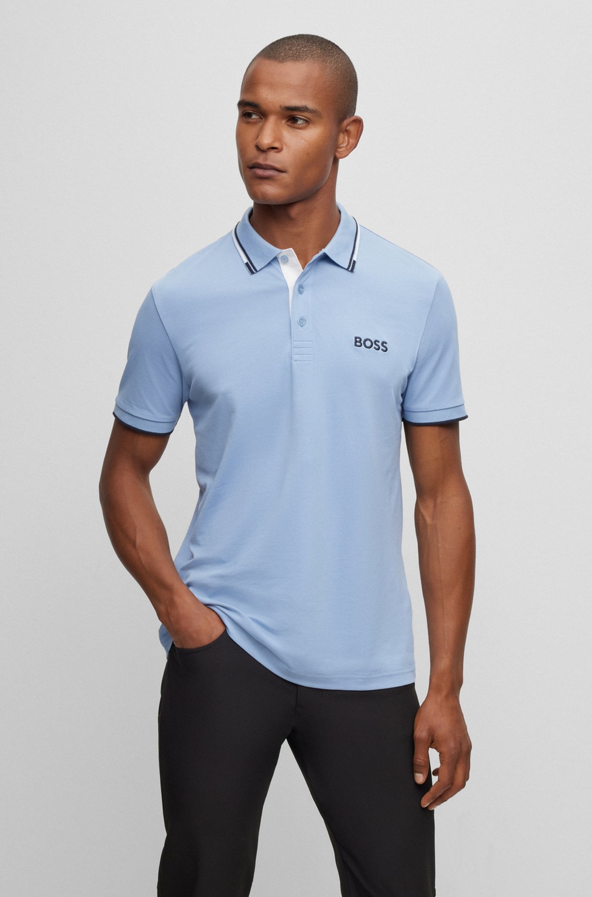 Polo en coton mélangé à détails contrastants, bleu clair