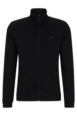 Hugo Boss Zip-up Sweatshirt In Organic Cotton With Curved Logo In Black