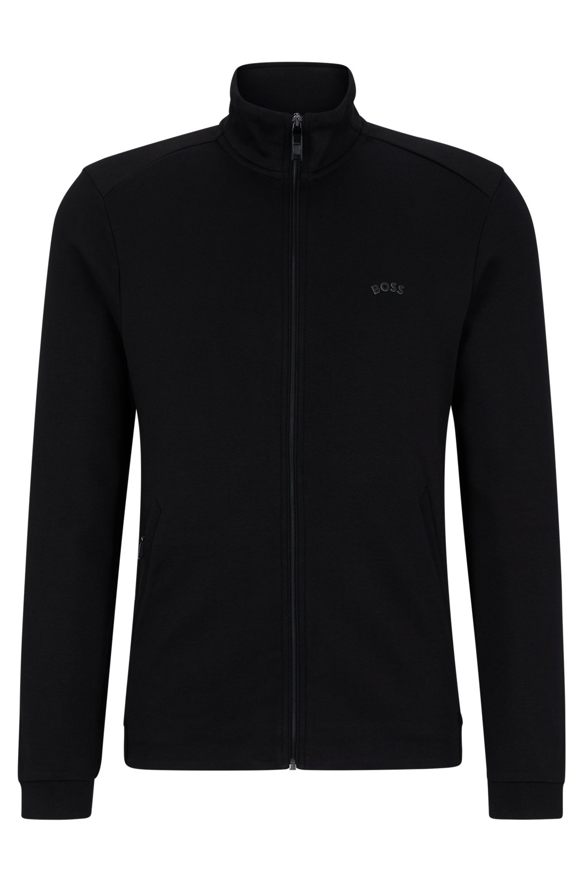 Zip-up sweatshirt in organic cotton with curved logo, Black