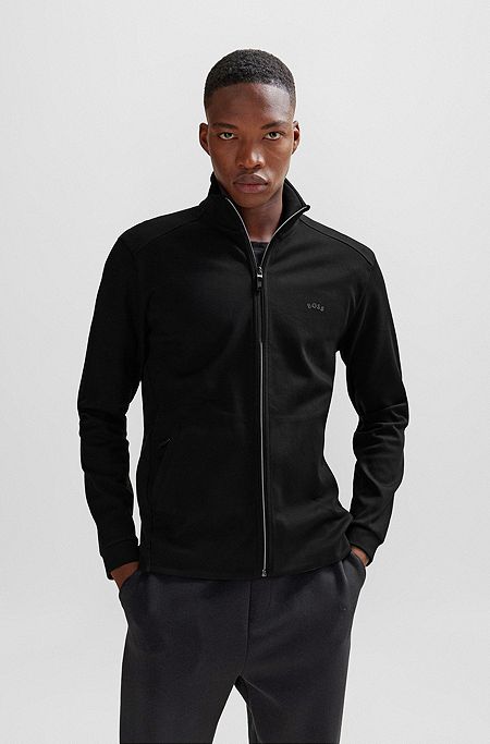 Interlock-cotton zip-up sweatshirt with piqué panel, Black