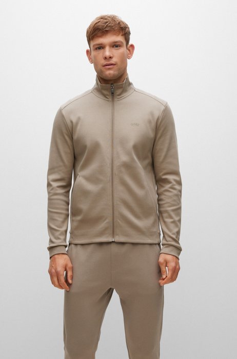 Zip-up sweatshirt in organic cotton with curved logo, Beige