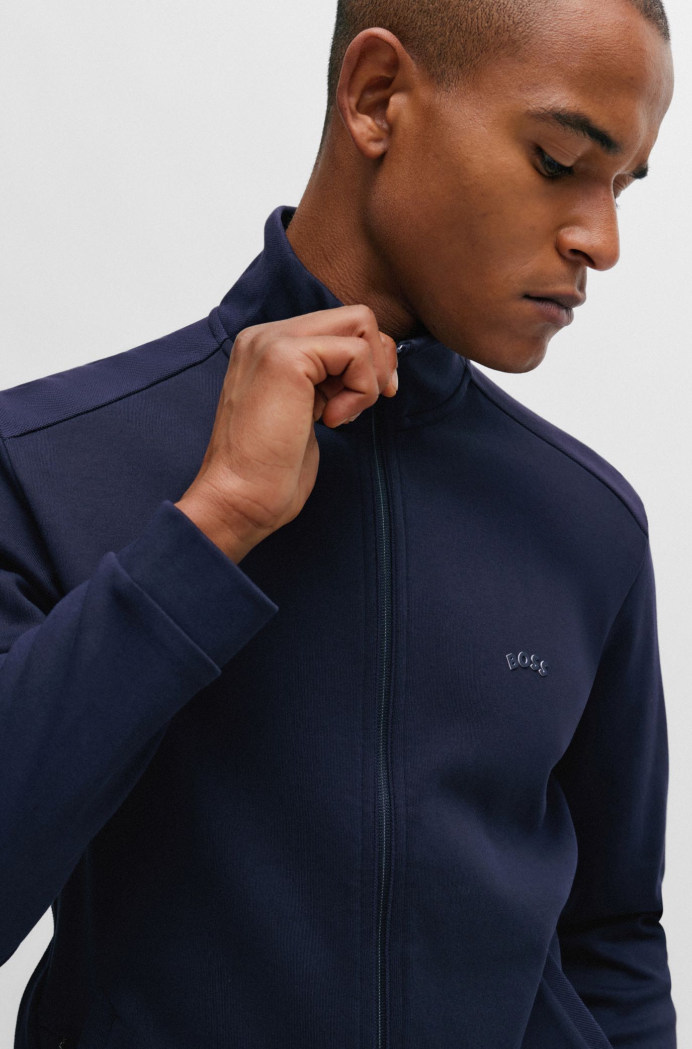 BOSS Interlock cotton zip up sweatshirt with piqu panel