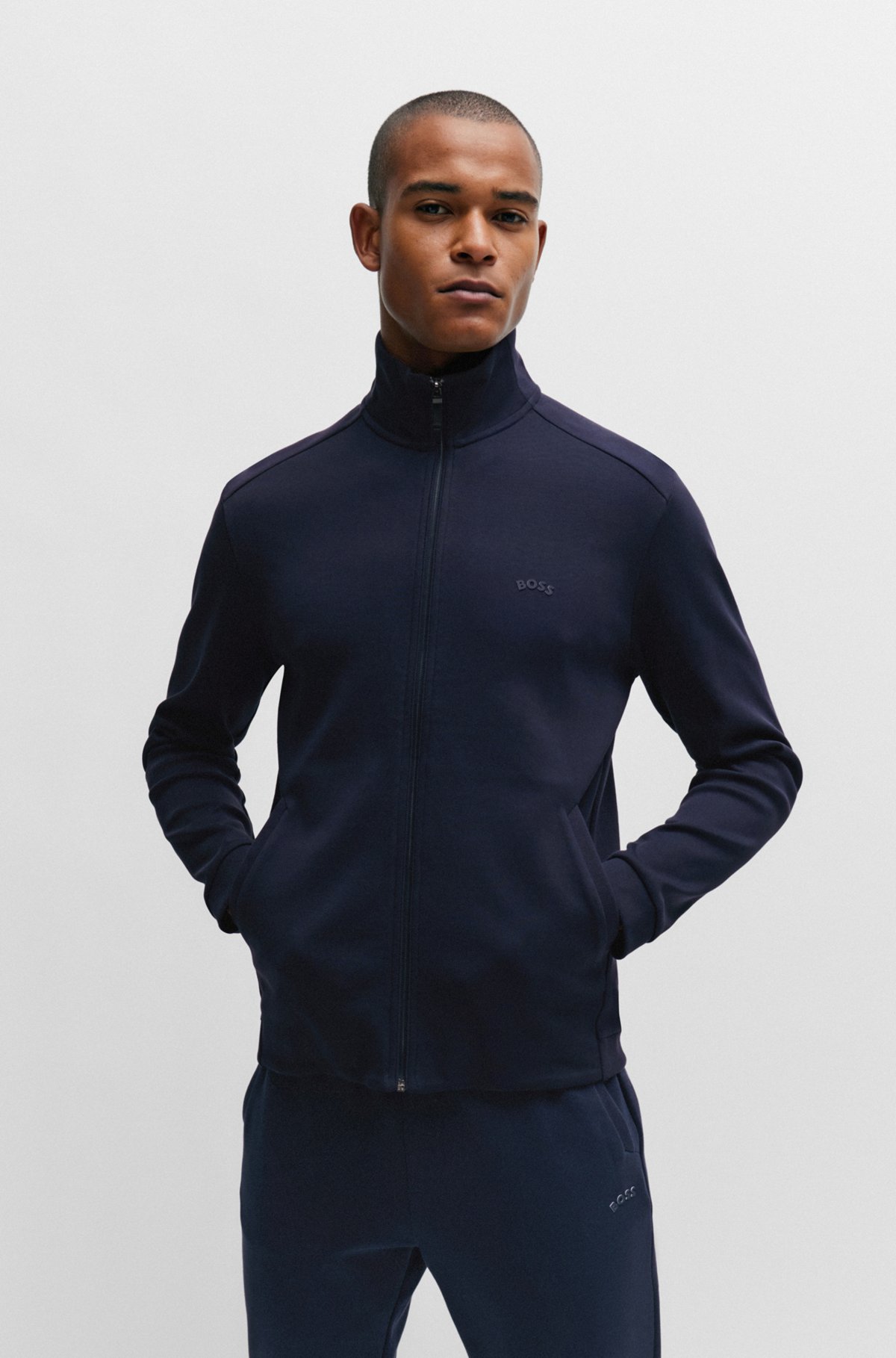BOSS - Interlock-cotton zip-up sweatshirt with piqué panel