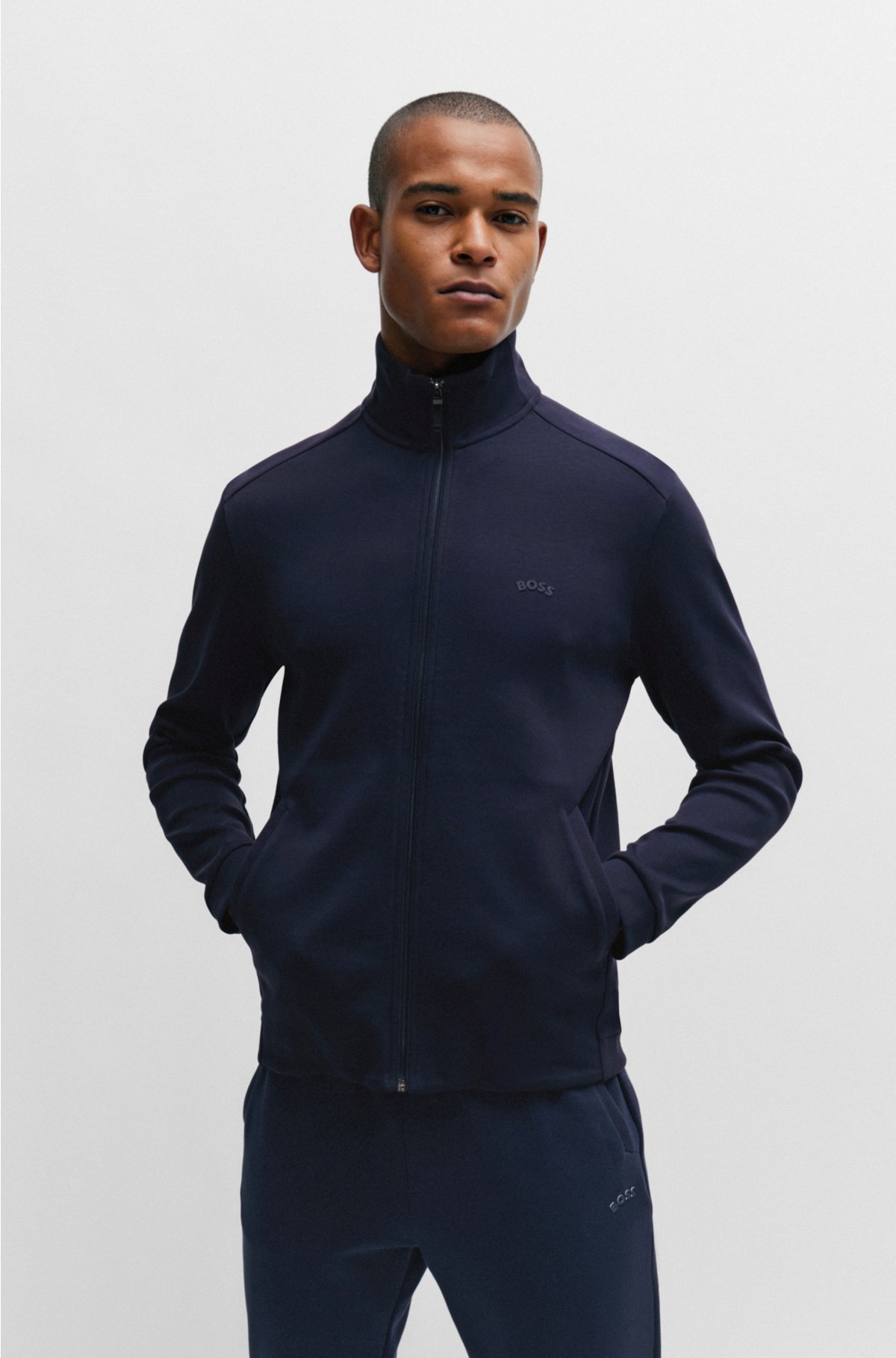 BOSS - Interlock-cotton panel piqué zip-up sweatshirt with