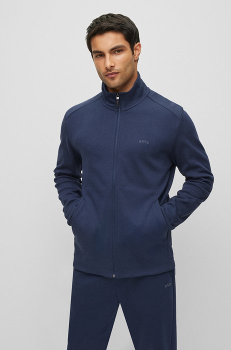 Zip-up sweatshirt in organic cotton with curved logo, Dark Blue