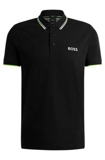 Hugo Boss Cotton-blend Polo Shirt With Contrast Logos In Black