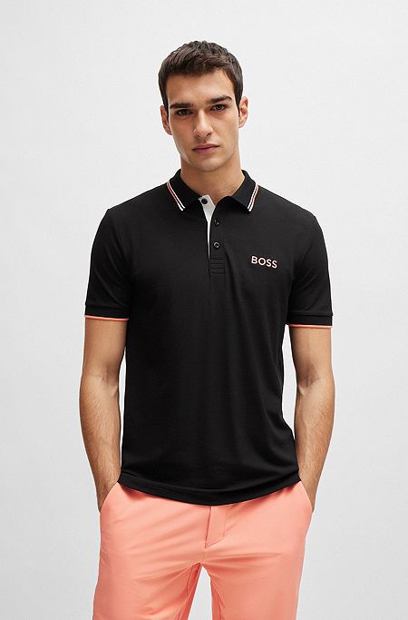 Polo en coton mélangé avec logos contrastants, Noir