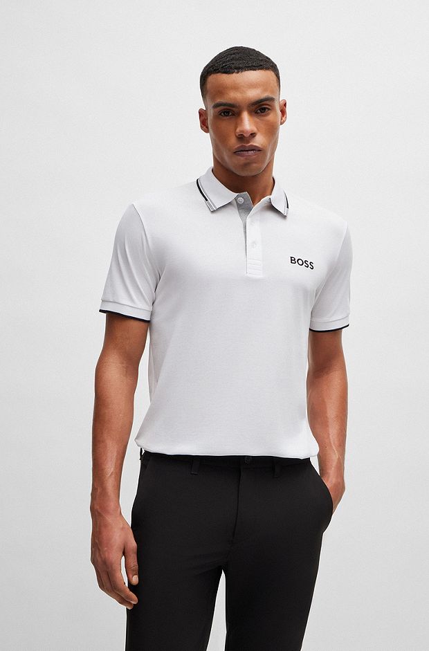 Cotton-blend polo shirt with contrast logos, White