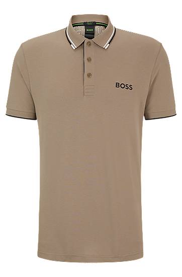 Hugo Boss Cotton-blend Polo Shirt With Contrast Logos In Brown