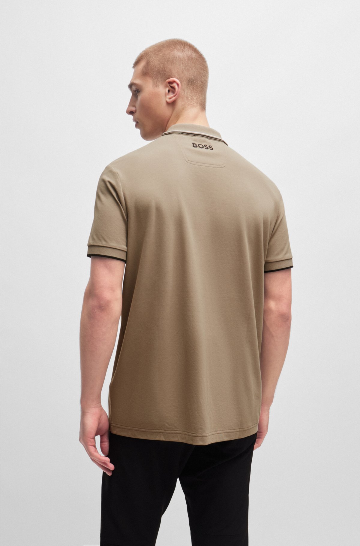 Cotton-blend polo shirt with contrast logos, Khaki
