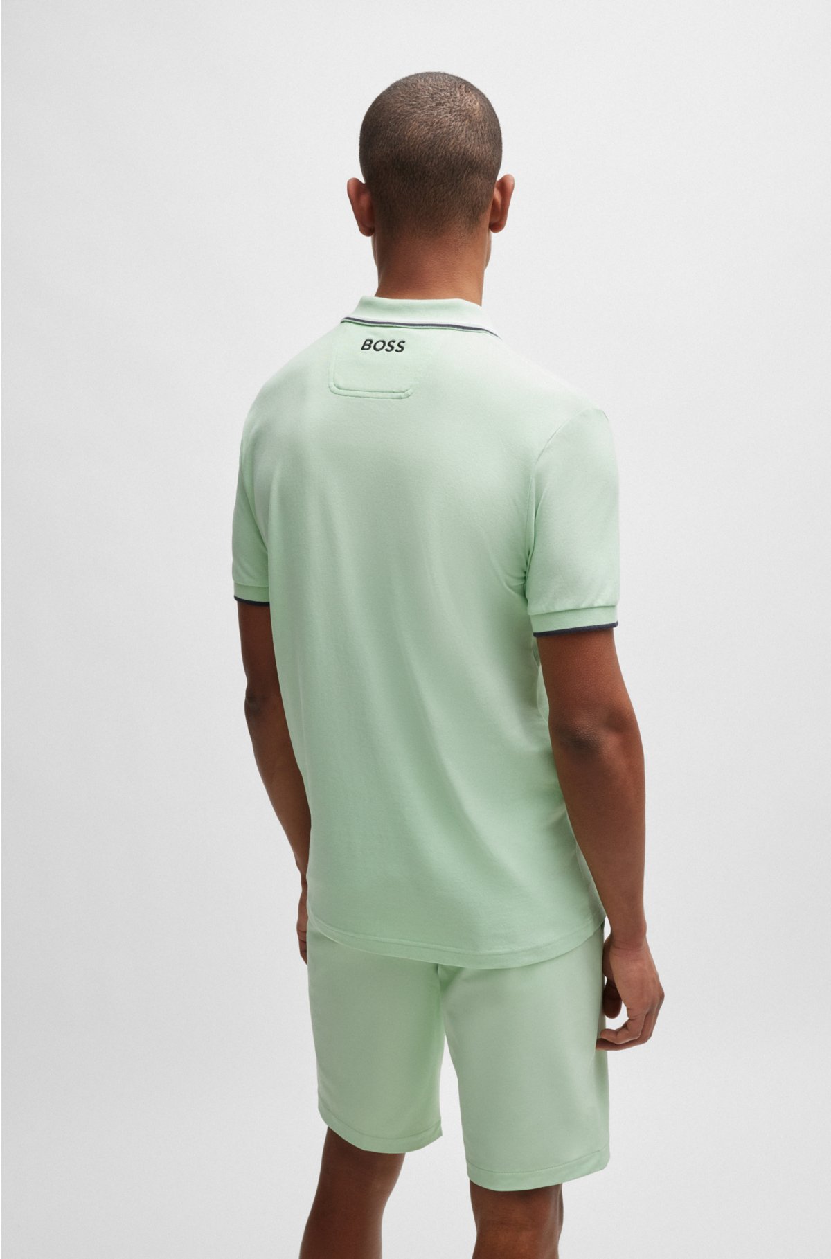 Cotton-blend polo shirt with contrast logos, Light Green