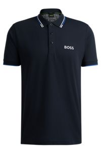 Cotton-blend polo shirt with contrast logos, Dark Blue