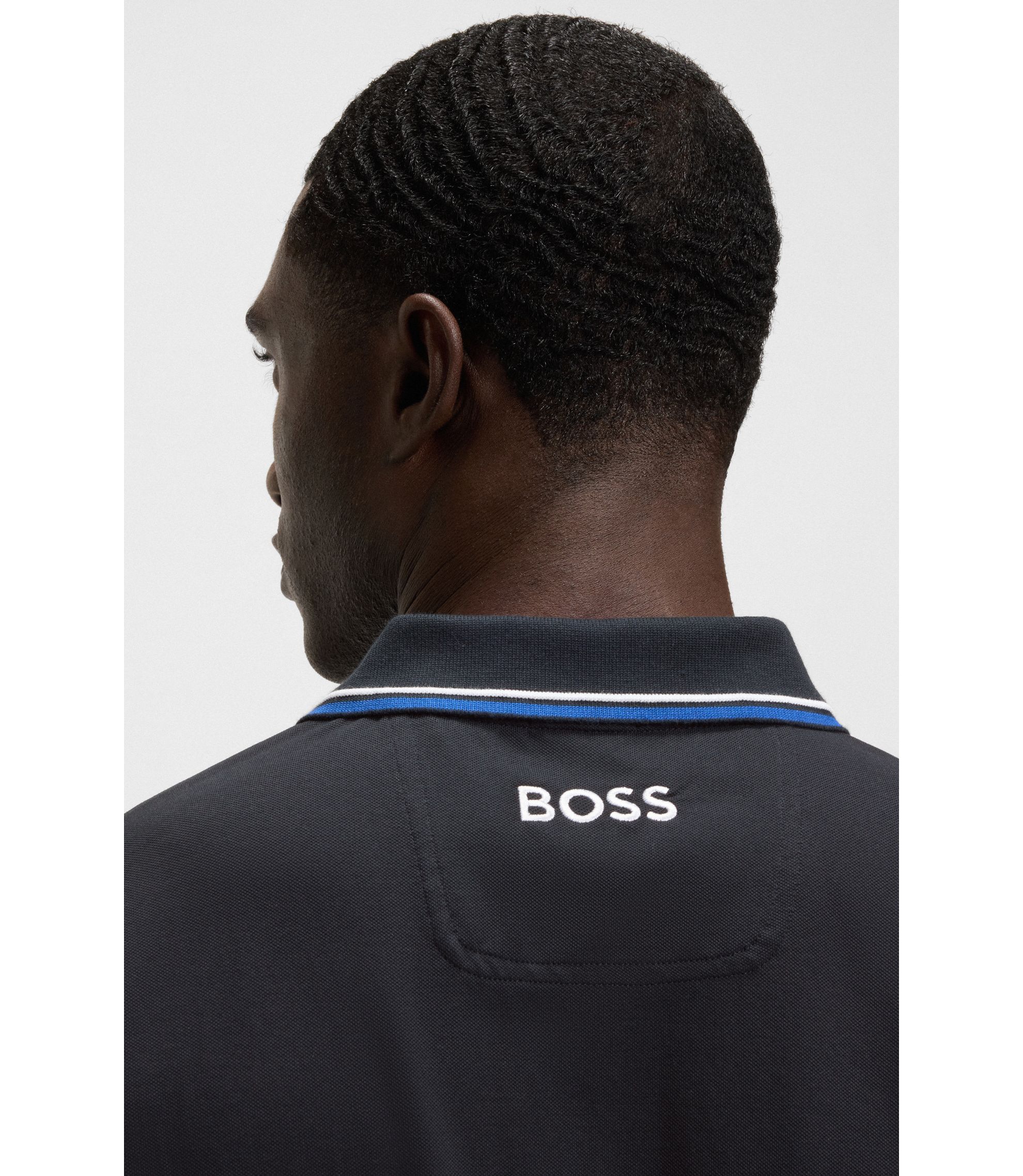 BOSS Paddy Cotton-blend polo shirt with contrast logos Dark Blue