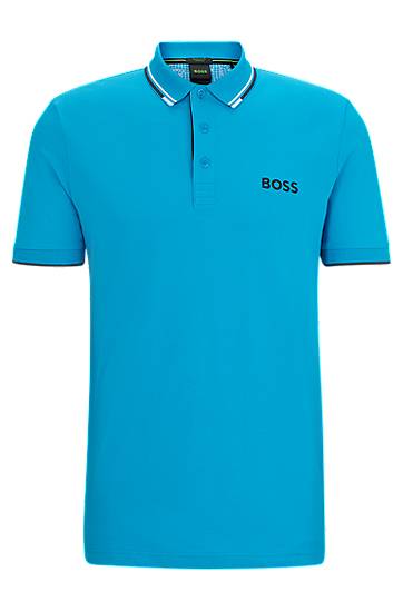 Hugo Boss Cotton-blend Polo Shirt With Contrast Logos In Blue