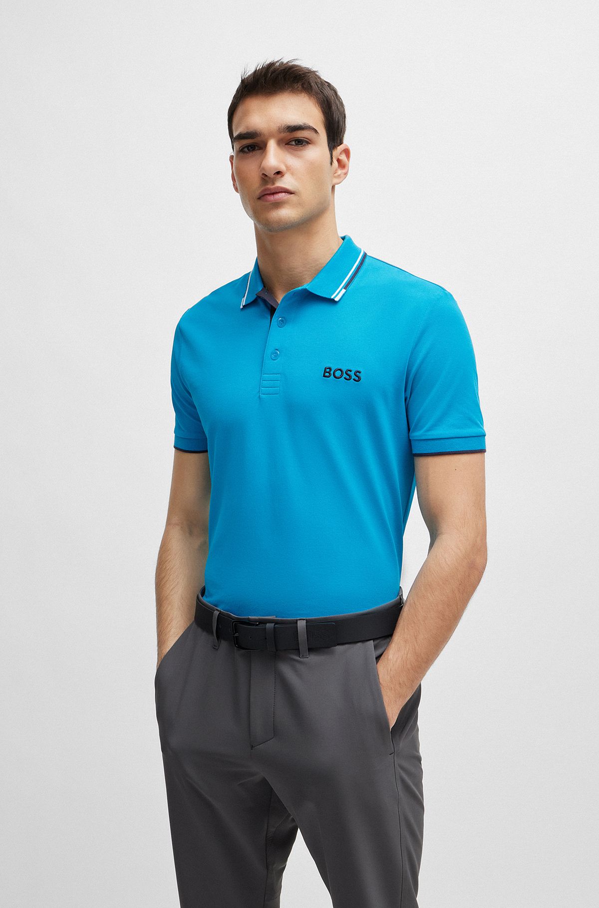 Cotton-blend polo shirt with contrast logos, Turquoise