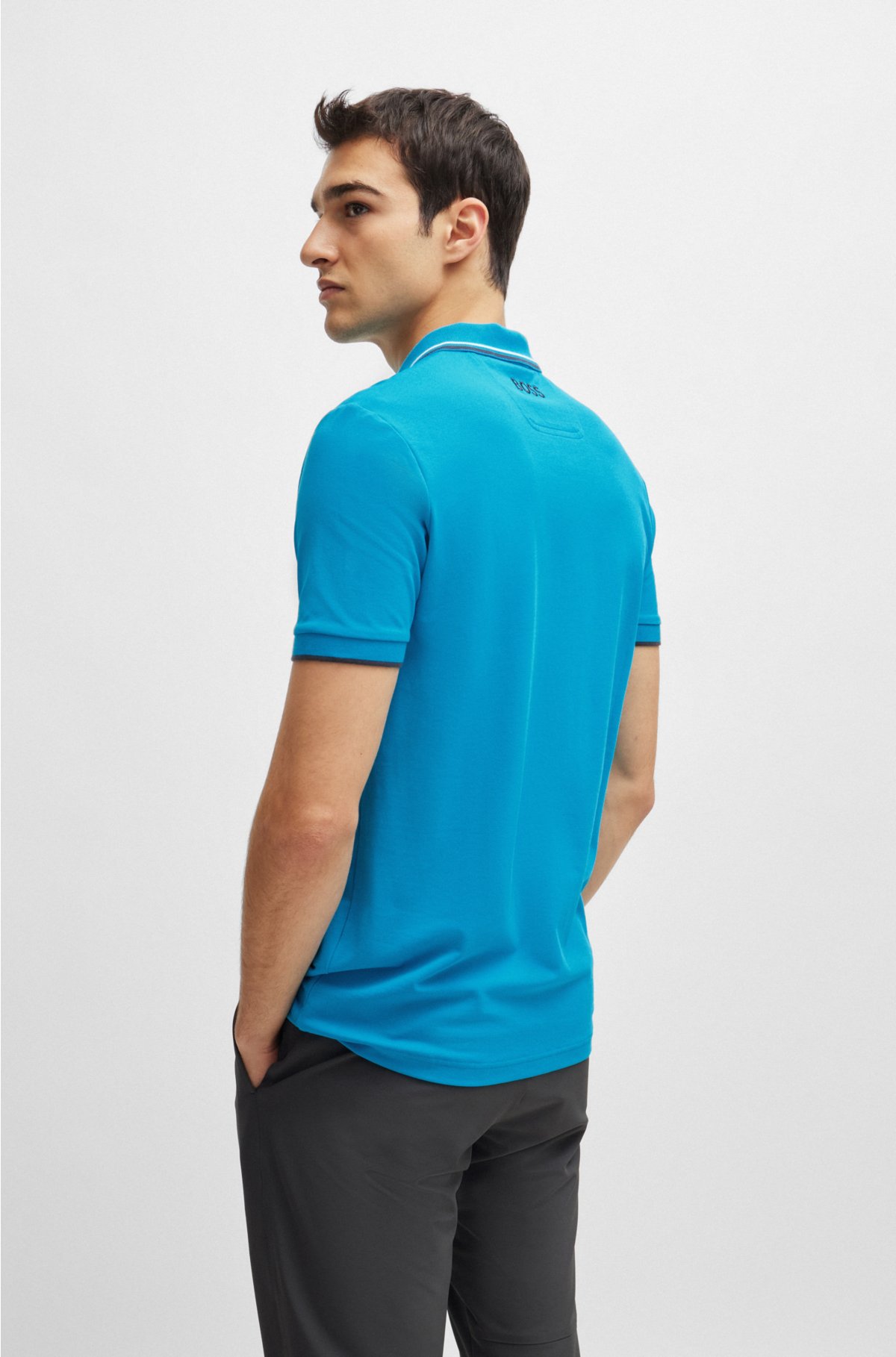 Cotton-blend polo shirt with contrast logos, Turquoise