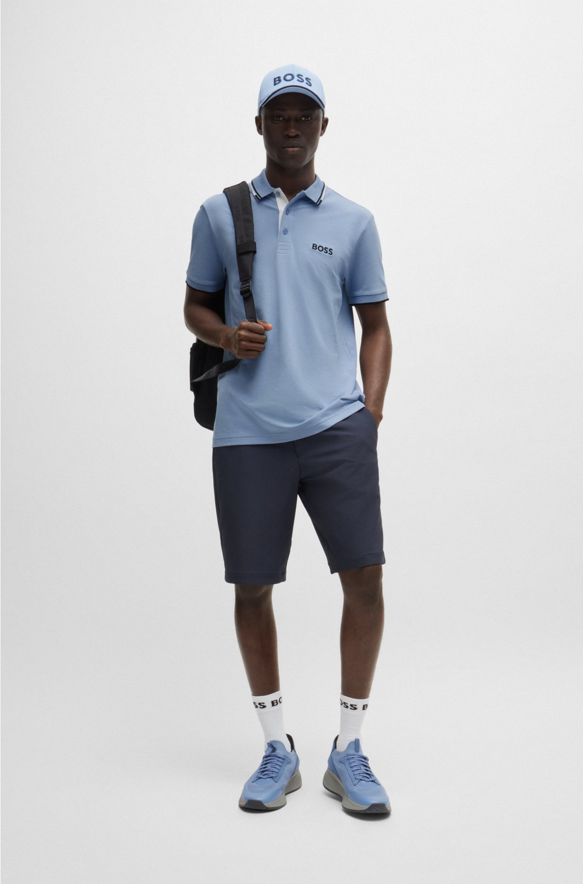 Cotton-blend polo shirt with contrast logos, Light Blue