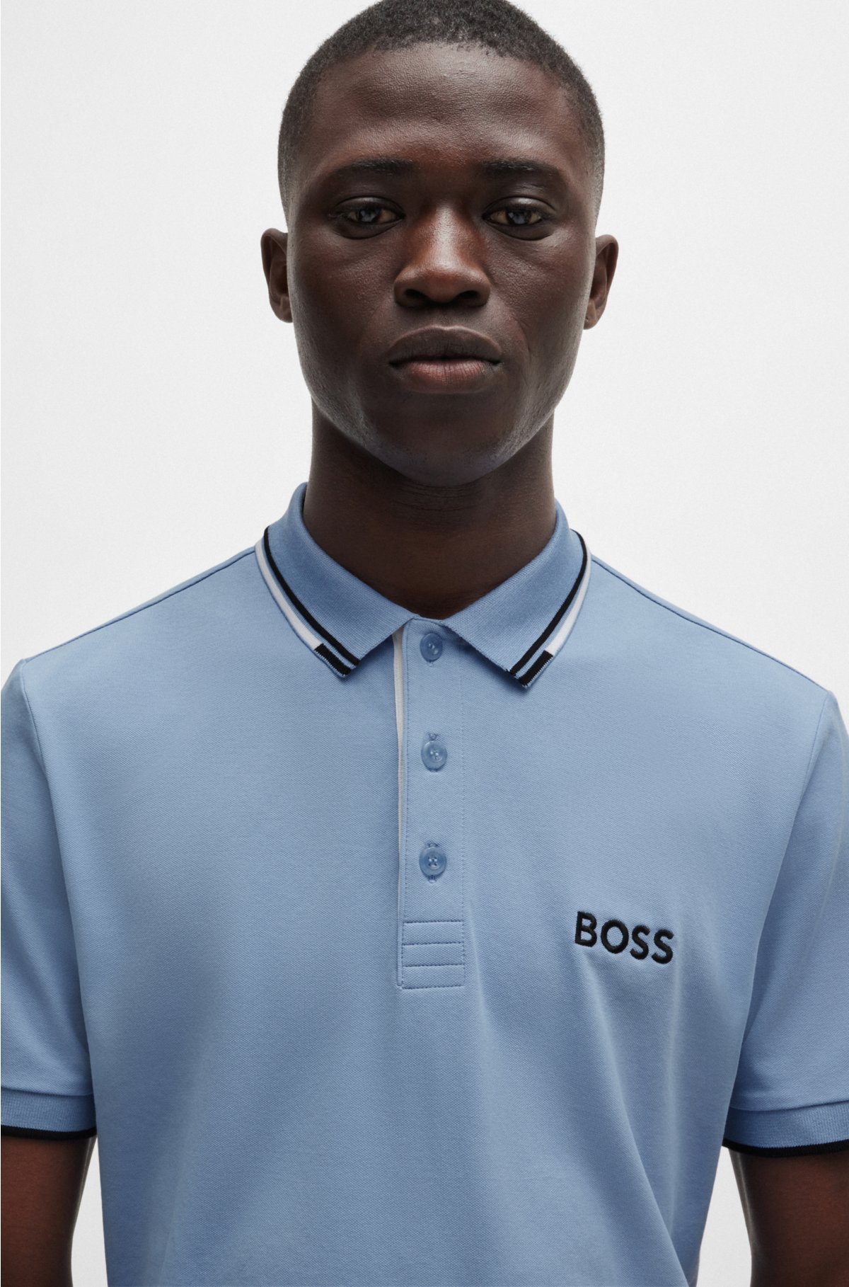 Cotton-blend polo shirt with contrast logos, Light Blue