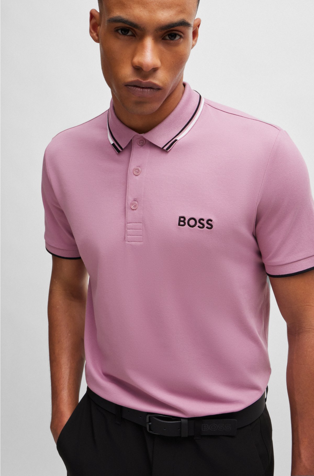 Cotton-blend polo shirt with contrast logos, Light Purple