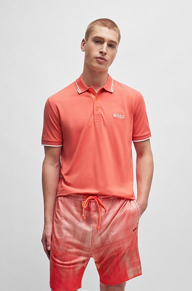 Cotton-blend polo shirt with contrast logos, Light Red