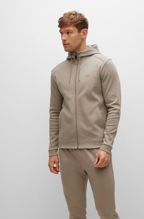 Zip-up hooded sweatshirt in organic cotton with logo, Beige