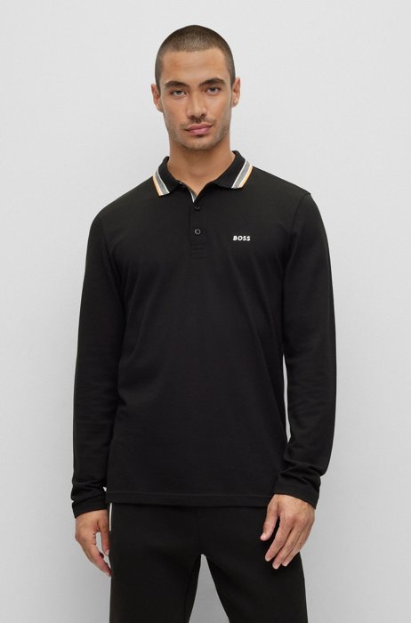 Cotton-piqué polo shirt with collar detailing, Black